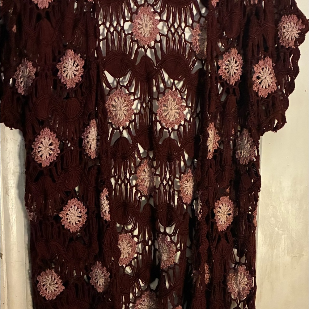 Crochet Open-Front Cardigan in Burgundy and Pink size small